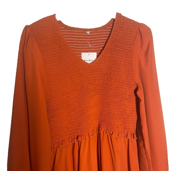 Brown and Orange Pleated Long Sleeve Sundress‎ NWT - Picture 2 of 6